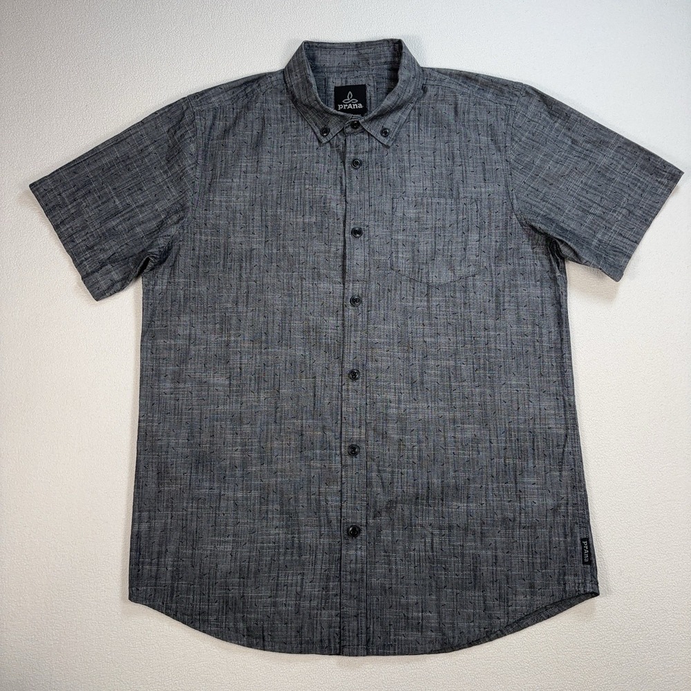 Prana Organic Cotton Shirt Men L Gray Geometric Pocket Button Down Outdoor *READ